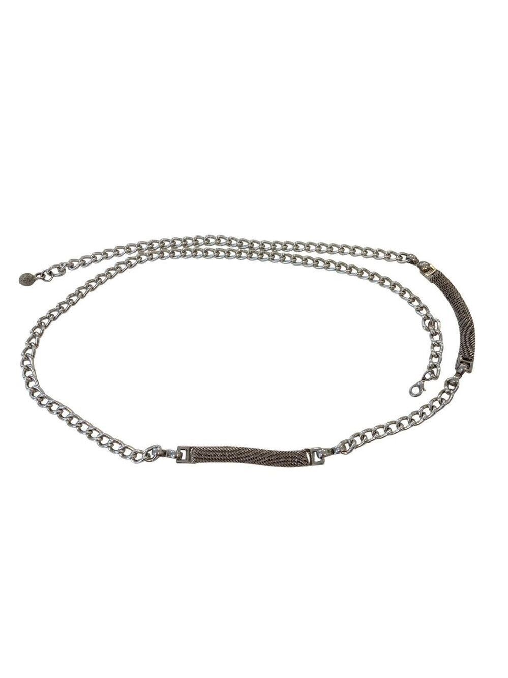 Vintage Adjustable Silver-Tone Chain Belt With Textured Rectangle Bar Accent